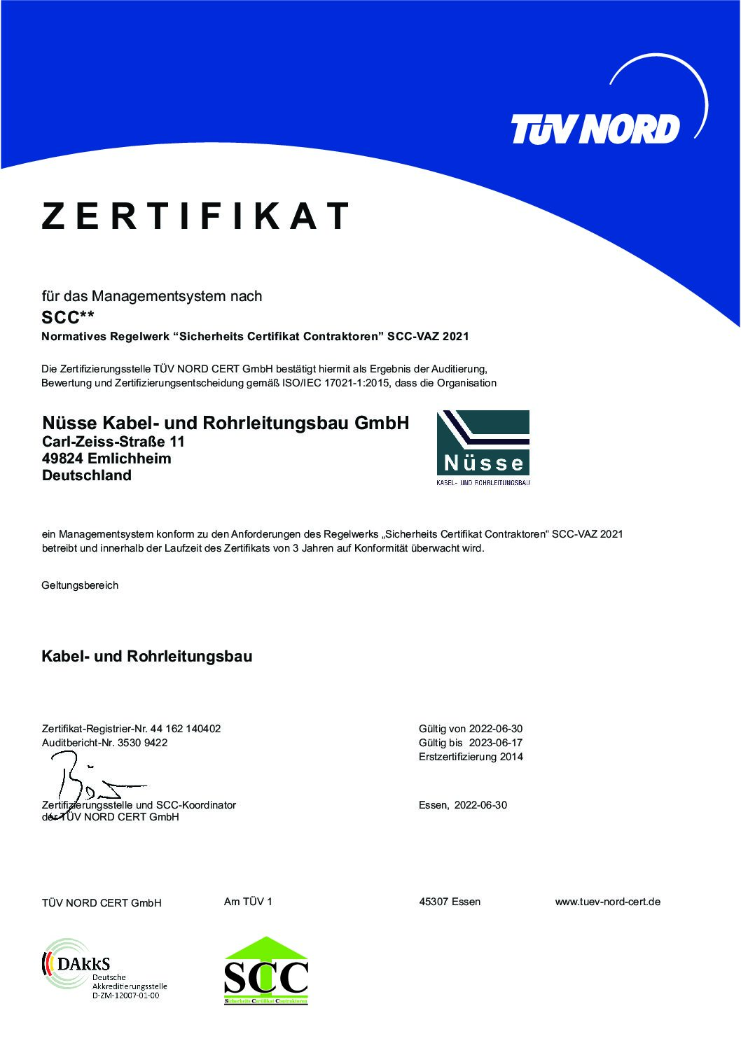 SCC Zertifikat bis 17.06.2023